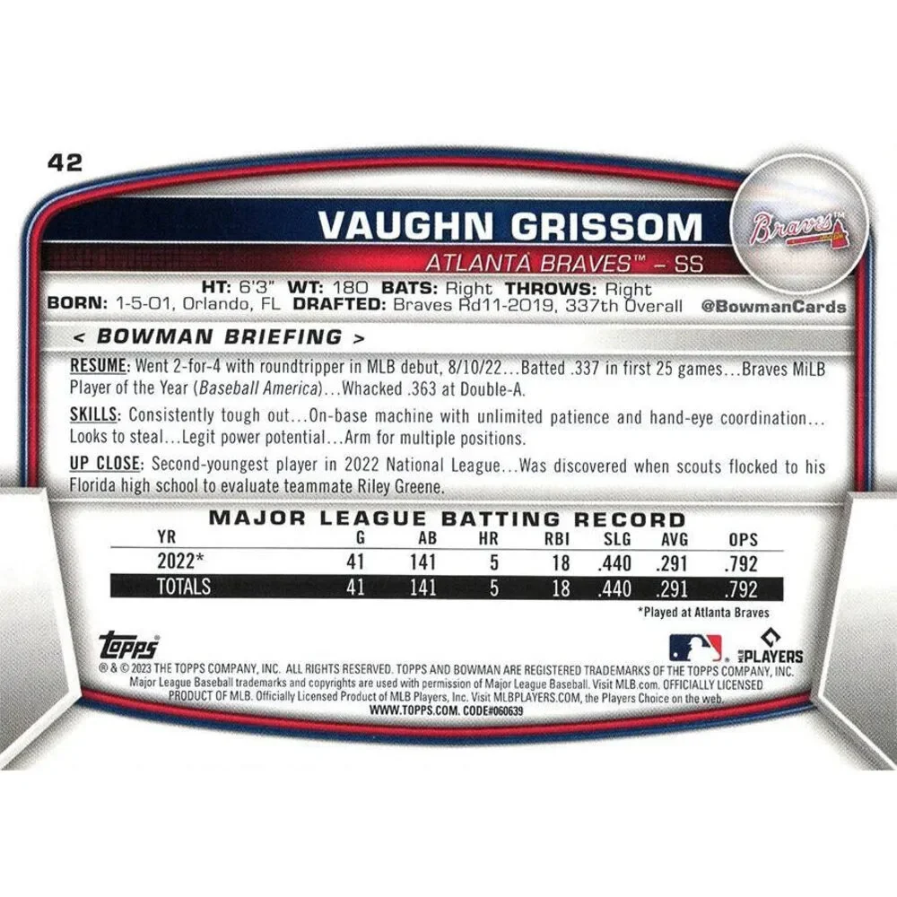 2023 Bowman Vaughn Grissom RC #42 Atlanta Braves
